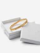 TAYLR 18k gold vermeil ribbed bangle featuring inlaid lab diamonds, displayed in a branded white jewellery gift box.